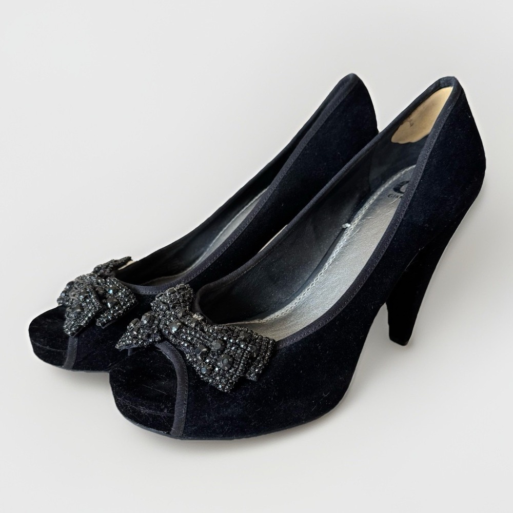 Gianni Bini Women's Rhinestone Bow Black Velvet Open Toe Heels Shoes 10M VTG Y2K